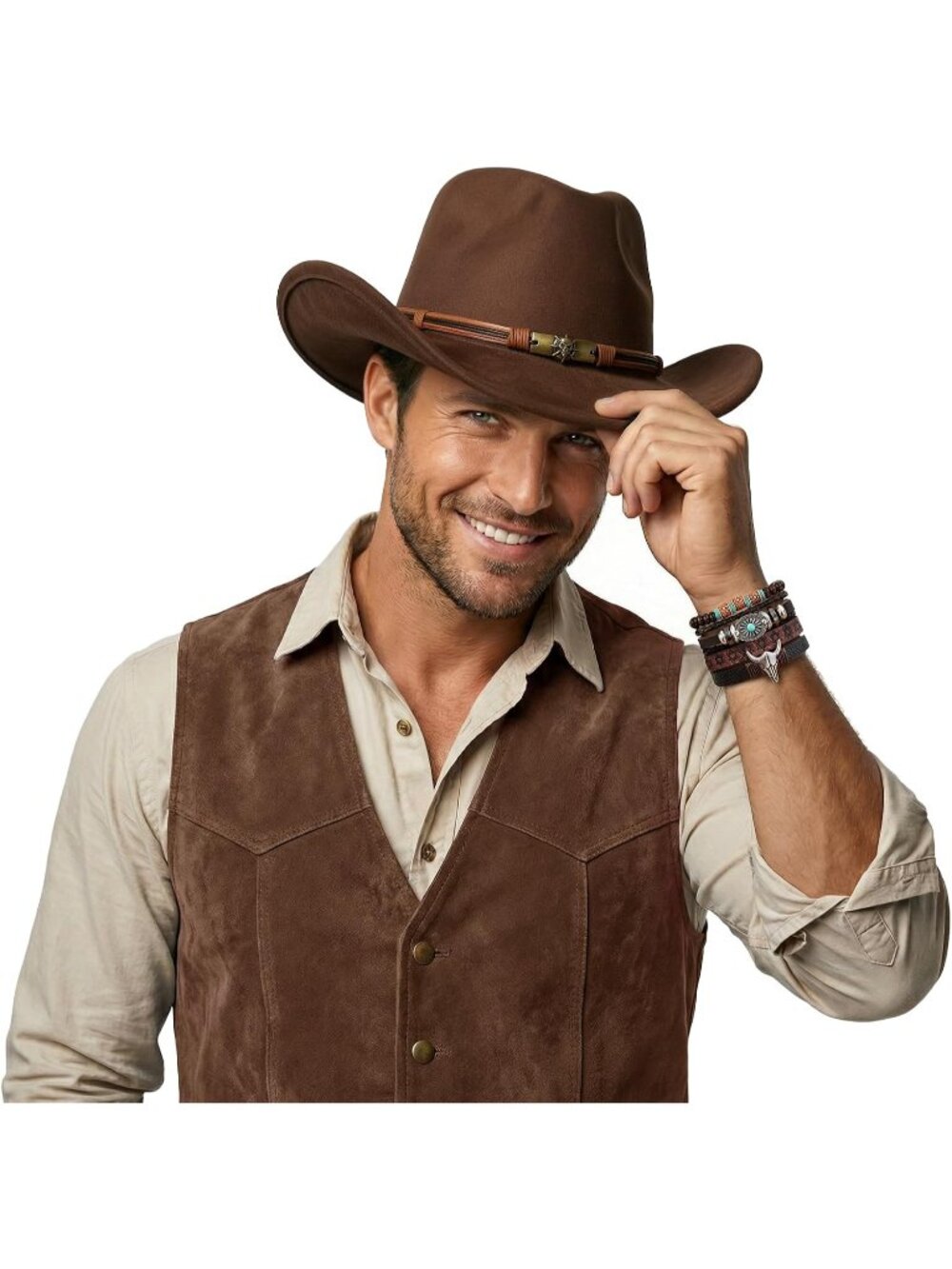 Unisex Brown Skull Wide Brim Rodeo Imported Western Cowgirl Cowboy Hat